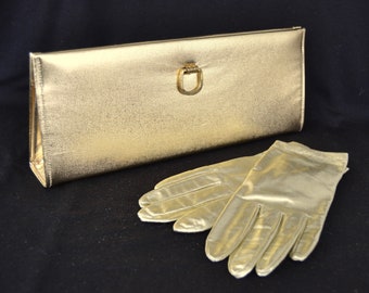 Vintage Gold Vinyl Clutch Purse by Rulo Creation with Gold Nylon Fabric Gloves