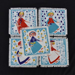 Vintage Set of 5 Fabric Patches Featuring Girls with Flowers and Frayed Edges