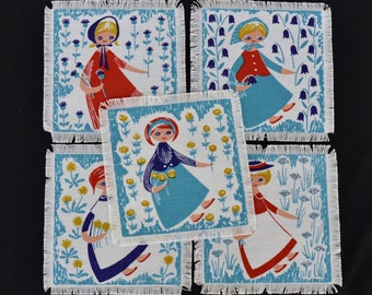 Vintage Set of 5 Fabric Patches Featuring Girls with Flowers and Frayed Edges