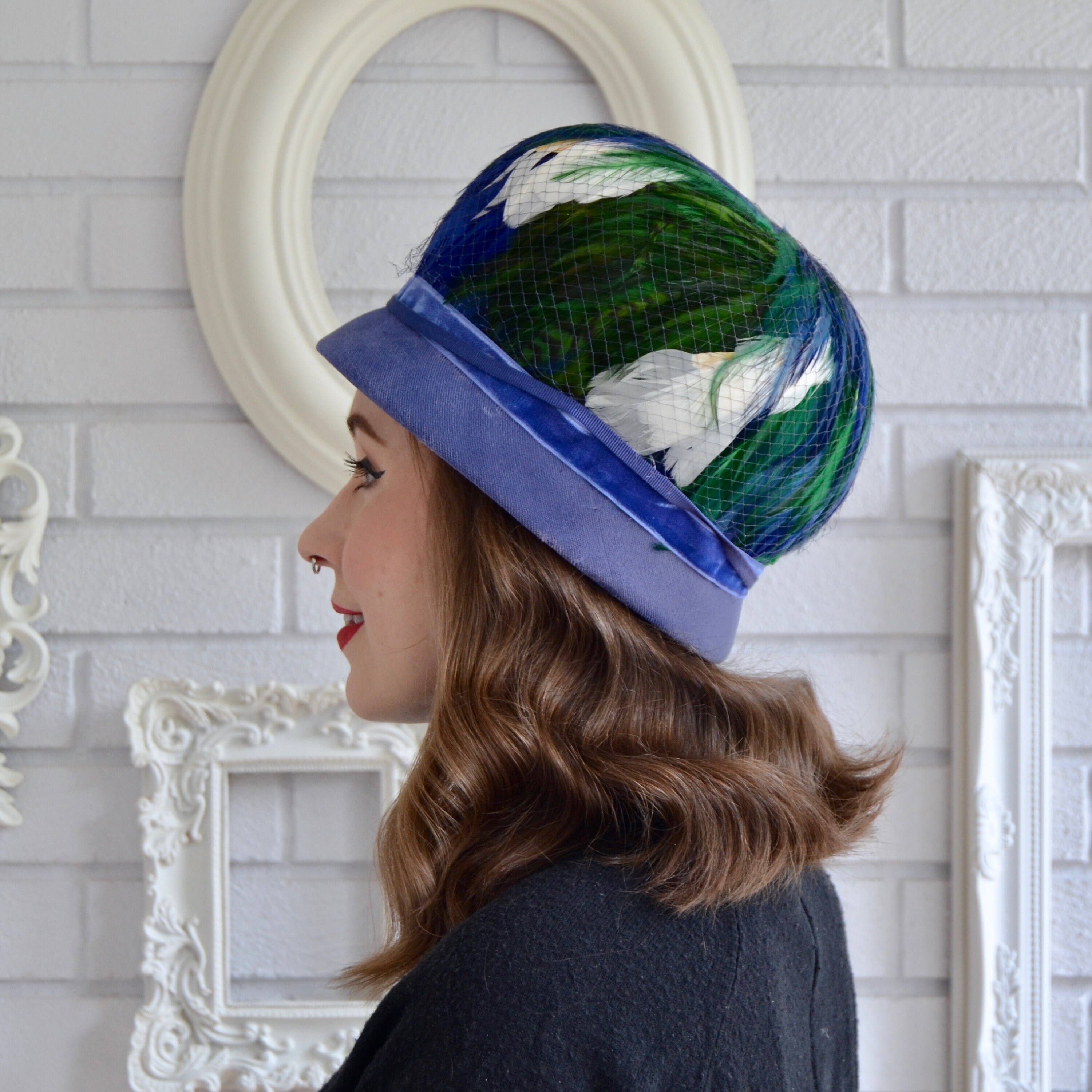 Vintage 1960s Blue Velvet and Feather Hat With Netting Union 