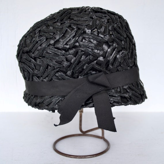 Vintage 1960s Black Raffia Hat with Black Ribbon - image 2