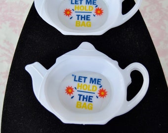 Vintage Set of 4 Teapot-Shaped Tea Bag Holders Made of Plastic with Sticker Centers