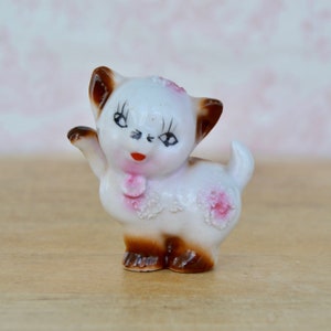 Vintage Small Ceramic Cat Figurine with Texture and Ceramic Flower Made in Japan