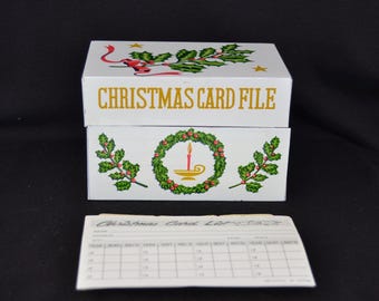 Vintage Christmas Card List Box or Tin Recipe Box with Paper Cards Made in Japan