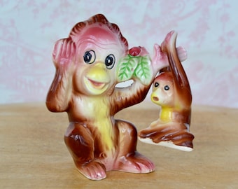 Vintage Ceramic Monkey Salt and Pepper Shakers with Hanging Baby
