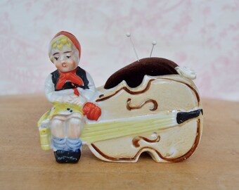 Girl with Musical Instrument Ceramic and Fabric Pincushion, Vintage and Upcycled