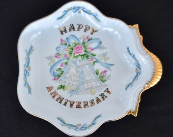 Vintage Happy Anniversary Ceramic Dish or Bowl with Bells and Blue Ribbon by Lefton Japan