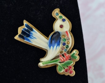 Vintage Bird Brooch Made of Celluloid Plastic and Brass Metal and Rhinestones
