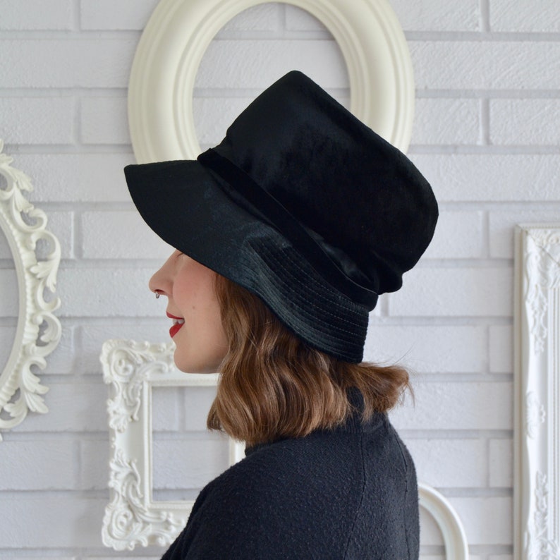 Vintage Black Velvety Hat with Velvet Ribbon and Bow image 4