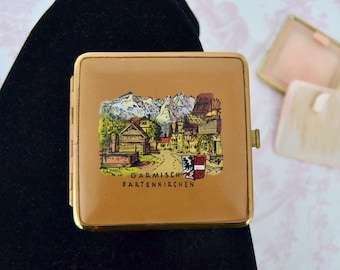 Vintage Garmisch Partenkirchen German Souvenir Compact with Mirror and Powder Puff