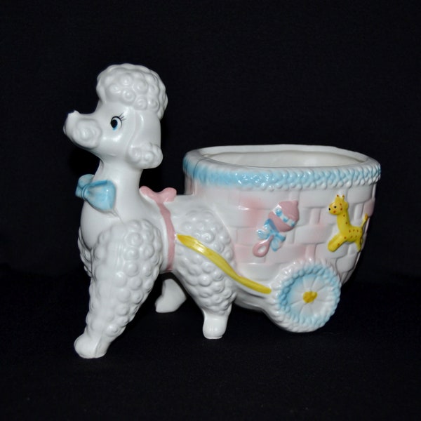 Vintage Ceramic Poodle Planter Pulling a Cart with a Baby Rattle and Giraffe Toy by Napcoware Import Japan