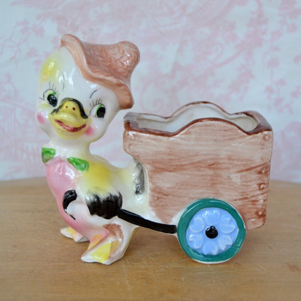 Vintage Planter of Anthropomorphic Duck Pulling a Cart Made in Japan