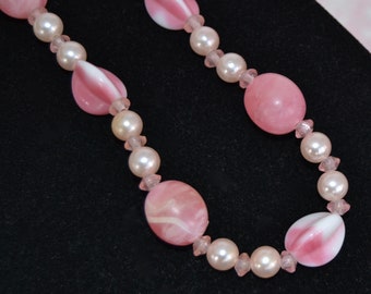 Vintage Necklace with Single Strand of Faux Pearl and Pink Plastic and Glass Beads