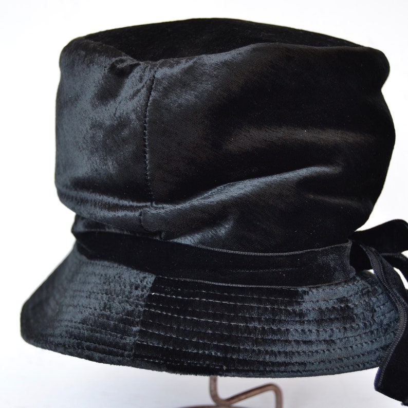 Vintage Black Velvety Hat with Velvet Ribbon and Bow image 5
