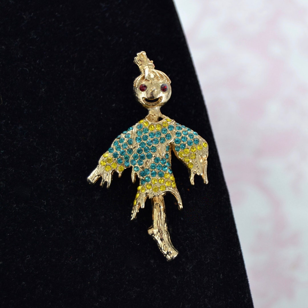 Vintage Scarecrow Brooch Made of Gold Tone Metal and Small Rhinestones Etsy