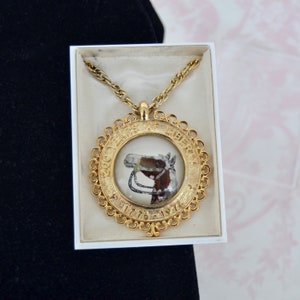 Vintage 1970s United States Bicentennial Necklace with Glass Horse Painted Center in Plastic Box