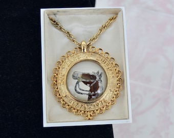 Vintage 1970s United States Bicentennial Necklace with Glass Horse Painted Center in Plastic Box