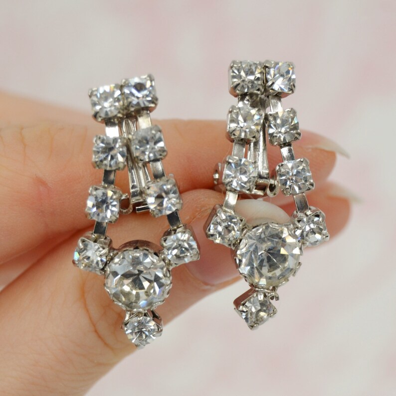 Vintage Clipon Earrings With Dangling Clear Rhinestones Etsy
