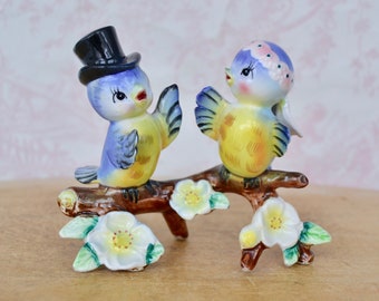 Vintage 1950s Bride and Groom Bluebirds on a Branch Ceramic Figurine