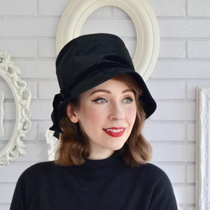 Vintage Black Velvety Hat with Velvet Ribbon and Bow image 9