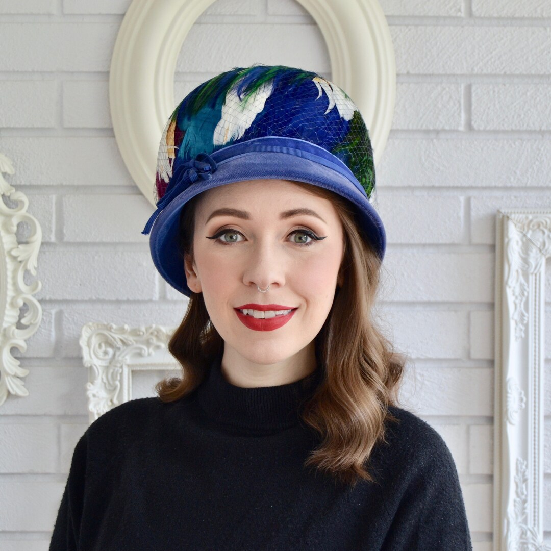 Vintage 1960s Blue Velvet and Feather Hat With Netting Union  display picture 1
