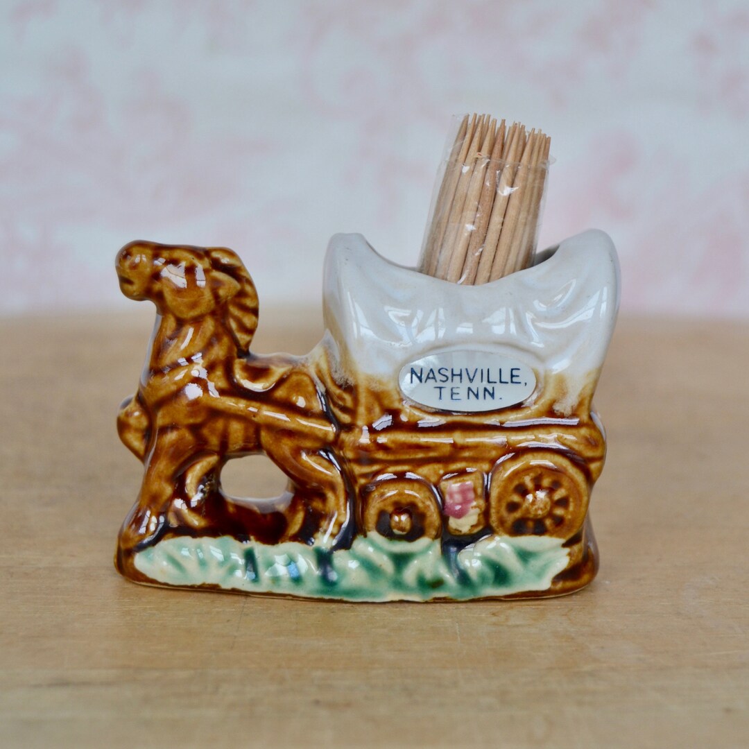 Vintage Toothpick Holder of Horse Pulling a Wagon Nashville Tennessee Souvenir by Scotty Made in