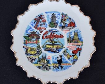 Vintage California Ceramic Wall Hanging Plate Souvenir Featuring Knott's Berry Farm, Universal Studios, Marineland