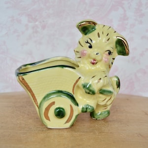Vintage Yellow Puppy Dog Pushing a Cart Ceramic Pottery Planter with Gold Painted Accents