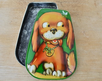 Vintage 1950s Tin Candy Box with Good Luck Dog Image by Horner