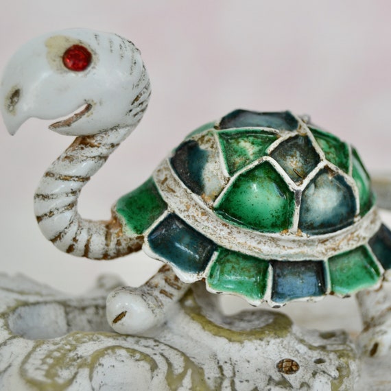 Vintage Enamel Turtle Brooch with Red Rhinestone … - image 4