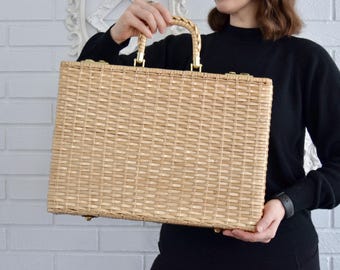Vintage Vinyl Coated Wicker Briefcase Bag with Dividers and Key Jem British Hong Kong