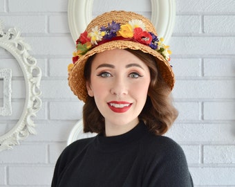 Vintage Straw Style Hat with Fabric Flower and Leaves and a Pink Velvety Ribbon