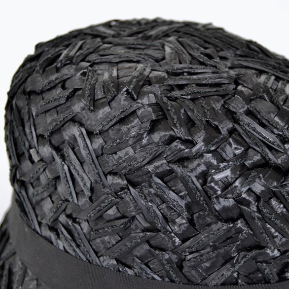 Vintage 1960s Black Raffia Hat with Black Ribbon - image 7