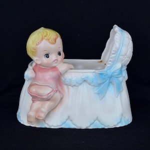 Vintage 1960s Ceramic Planter of Baby Climbing Out of Cradle by Lego Japan