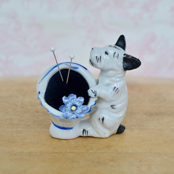 Dog and Blue and White Flower Basket Ceramic and Fabric Small Pincushion, Vintage and Upcycled