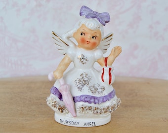 Vintage Thursday Angel Ceramic Figurine Holding an Umbrella and Purse by Metasco Japan