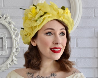 Vintage 1960s Yellow Fabric Hat with Yellow Fabric Flowers and Green Leaves by Mr Lewis