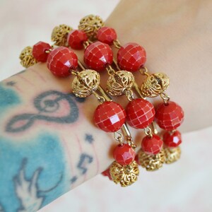 Vintage Bracelet with Red Plastic and Gold Tone Metal Beads