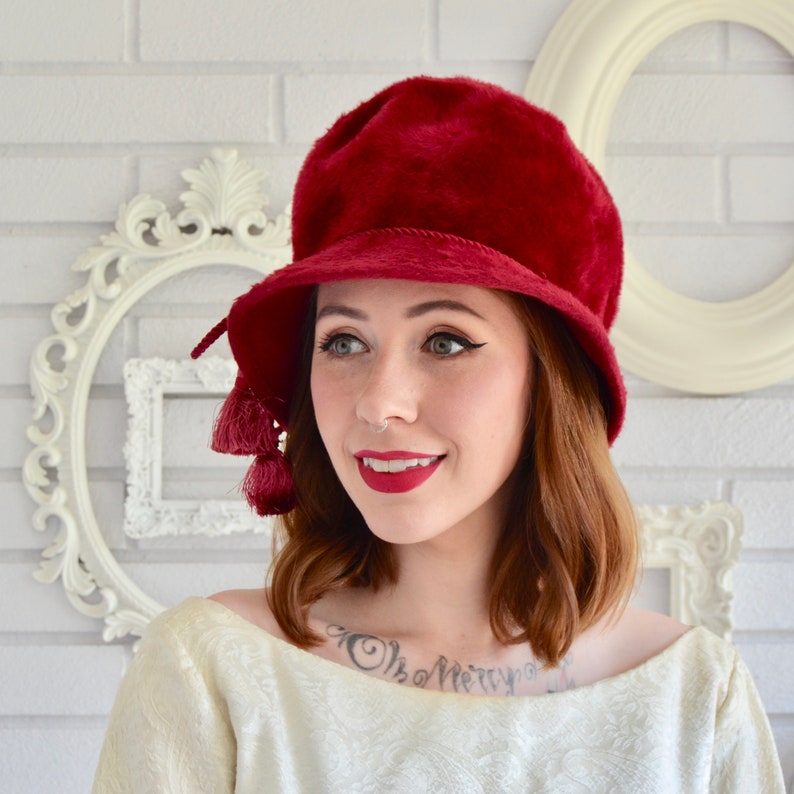 Vintage Red Maroon Fuzzy Wool Hat with Side Tassel by Gwen Pennington