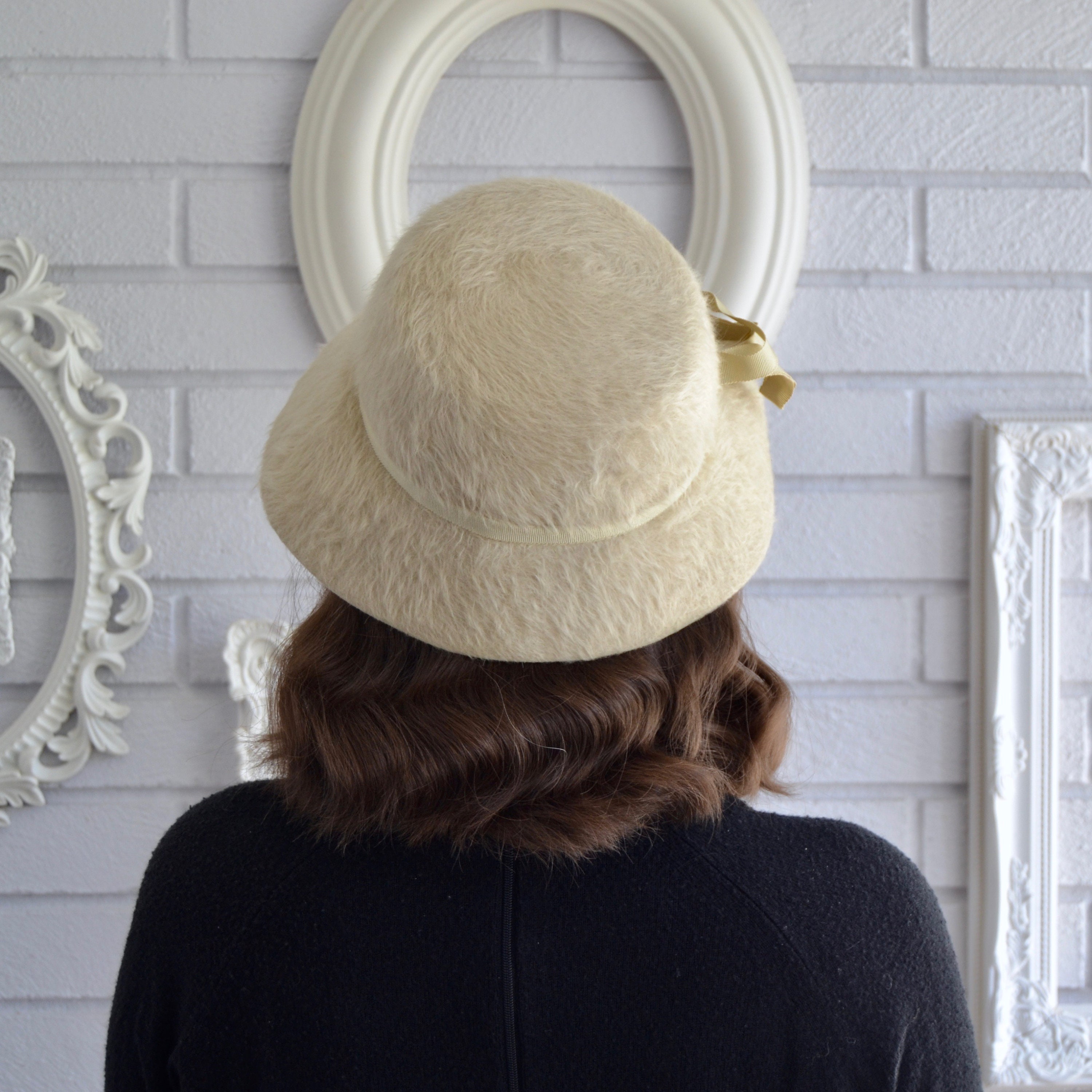 Vintage Beige Fuzzy Wool Hat With Ribbon and Bow - Etsy display picture 2