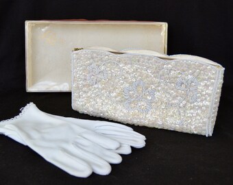 Vintage Small Clutch with Beaded Sequins and Beads by La Regale and Small Nylon Gloves Included