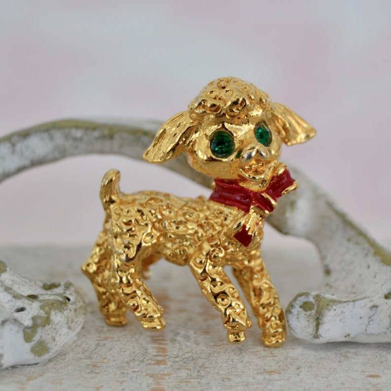 Vintage Lamb Brooch in Gold Tone Metal with Green Rhinestone Eyes