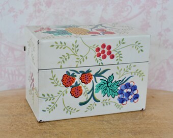 Vintage 1960s Tin Recipe Box with Fruit and Leaf Motifs by J Chein