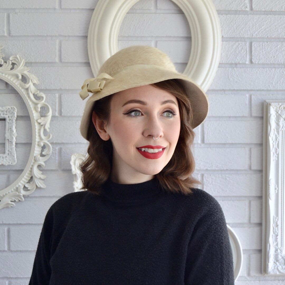 Vintage Beige Fuzzy Wool Hat With Ribbon and Bow - Etsy