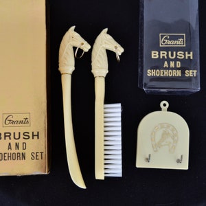 Vintage Brush and Shoehorn Set with Horse Handles and Equestrian Details in Original Box by Grants