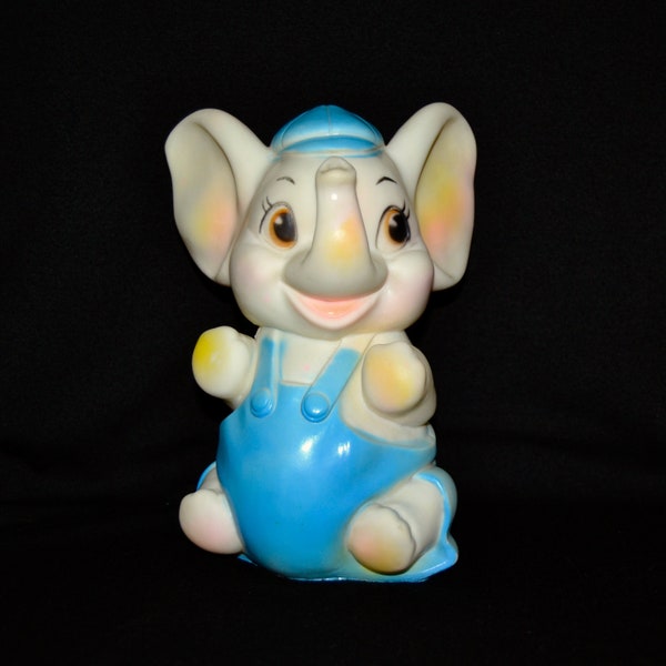 Vintage Elephant Rubber Squeak Toy Wearing a Hat and Blue Overalls by Sanitoy Inc New York USA