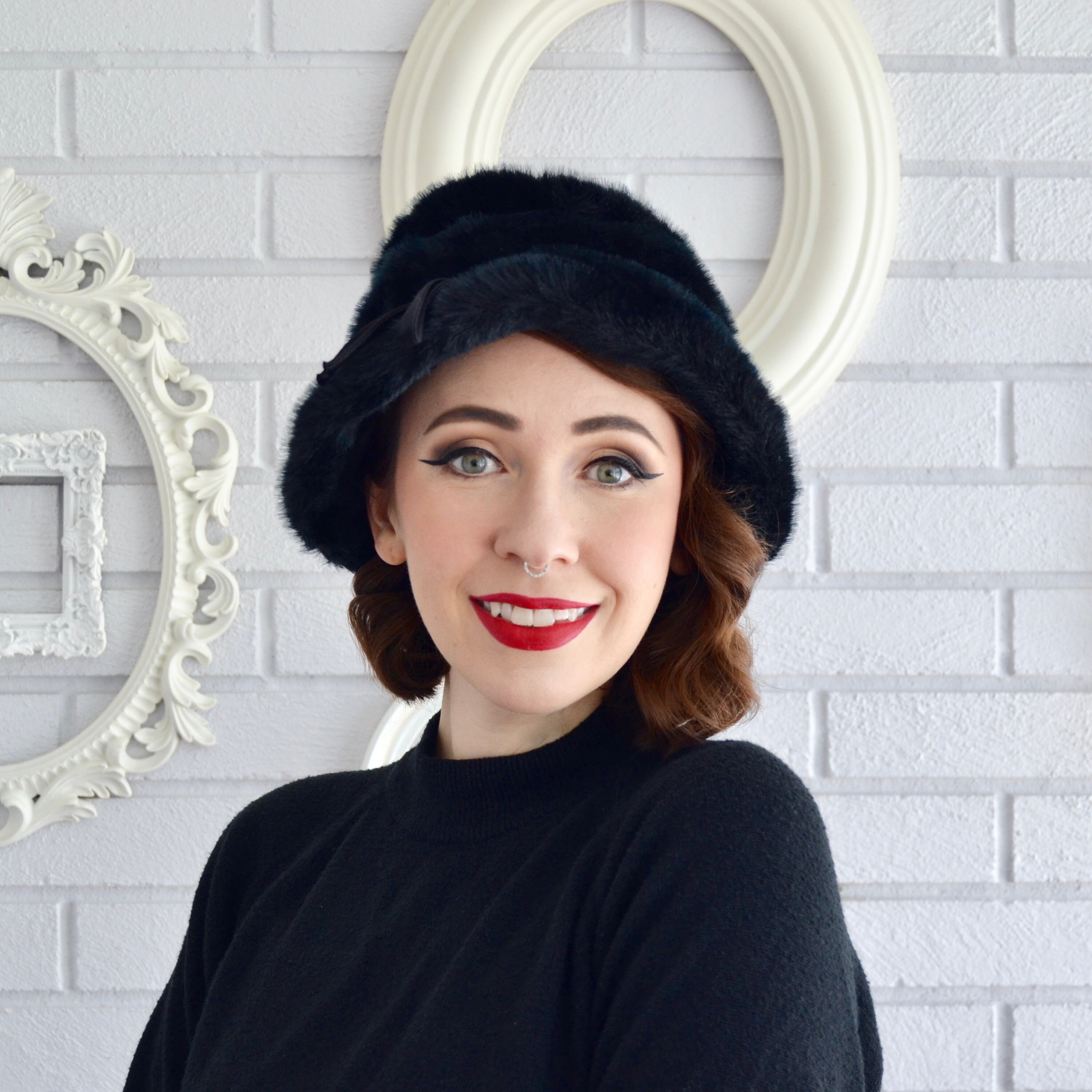 Vintage Black Faux Fur Hat With Fabric Bow Union Made - Etsy display picture 2