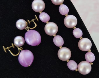 Vintage Necklace and Screw-Back Earring Set with Pale Purple Plastic Beads and Purple Moonglow Beads