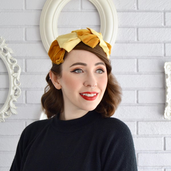 Vintage Hat with Light Yellow and Mustard Yellow Fabric and Netted Hat Form