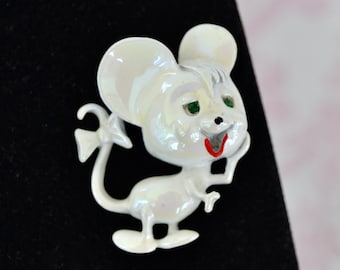 Vintage Mouse Brooch with Iridescent White Paint and Green Rhinestone Eyes